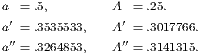 a = .5,        A  =.25.
a′ = .3535533,  A′ =.3017766.
 ′′            ′′
a = .3264853,   A  =.3141315.
