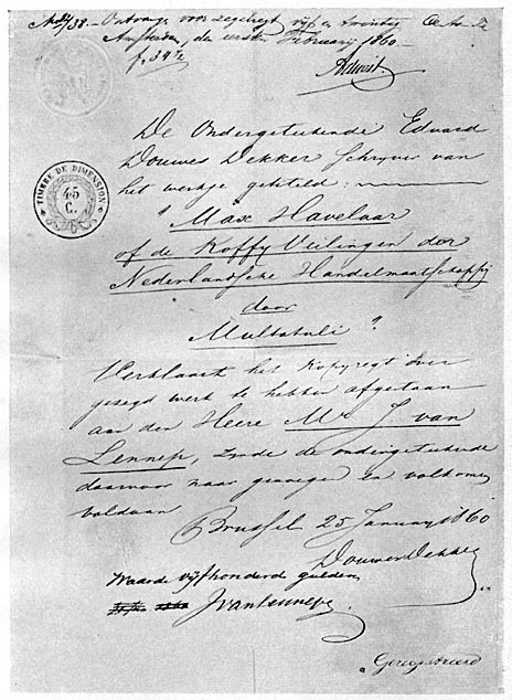 Contract betreffende de uitgave van “MAX HAVELAAR” tusschen E. Douwes Dekker en Mr. J. v. Lennep, 1860.