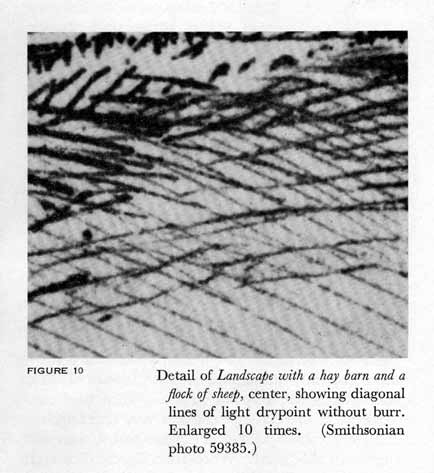 Detail of Landscape with a hay barn and a flock of sheep, center, showing diagonal lines of light drypoint without burr. Enlarged 10