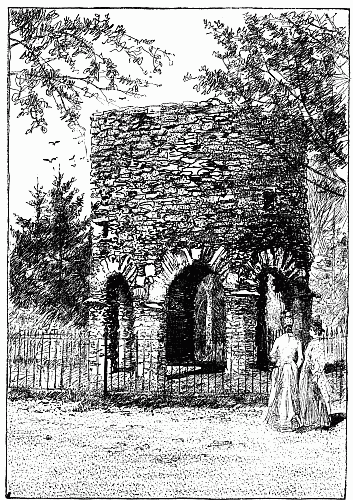 The Old Stone Mill. It was a roofless circular tower, supported on round arches.—Page 73.