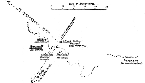 Showing condition of the frontier fortresses blocking the
road to Paris when the expedition to Dunquerque was decided upon. August
1793.