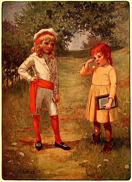 boy in white suit with red trim talking to crying girl