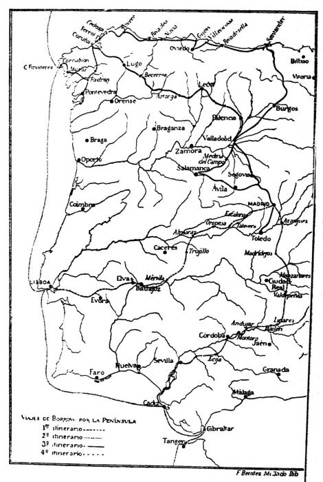 Ilustración mostrando un mapa de los viajes de Borrow por la península