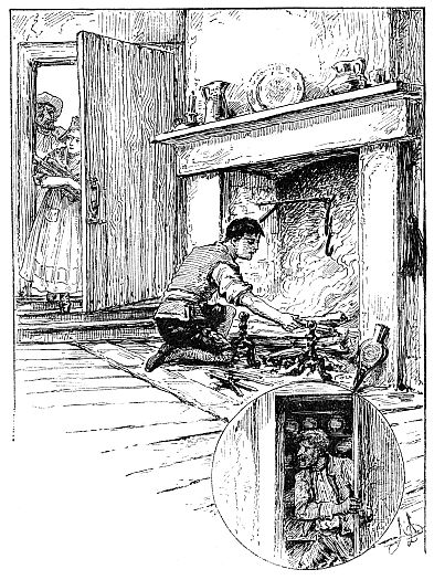 maids peeking in door, man starting fire in fireplace, inset of man sneaking in