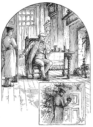 older man sitting by fire, man in uniform standing beside him; inset of man in uniform knocking on door
