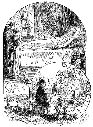 two young people crying about old man in bed; inset two children sitting outside
