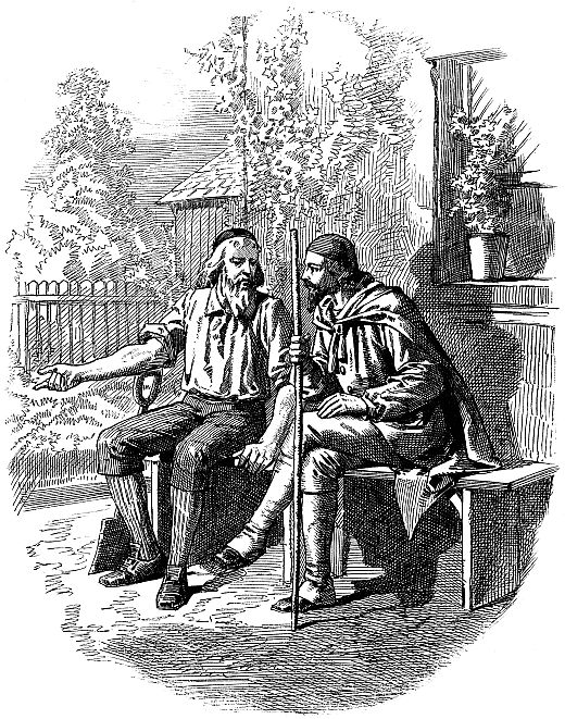 king seated on bench outside with older laborer