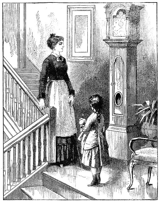 mother and daughter looking at clock on stair landing