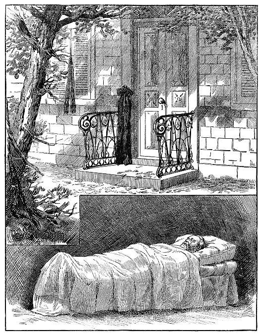 door of brick house has black crepe bow on door, bottom half of picture shows man in bed