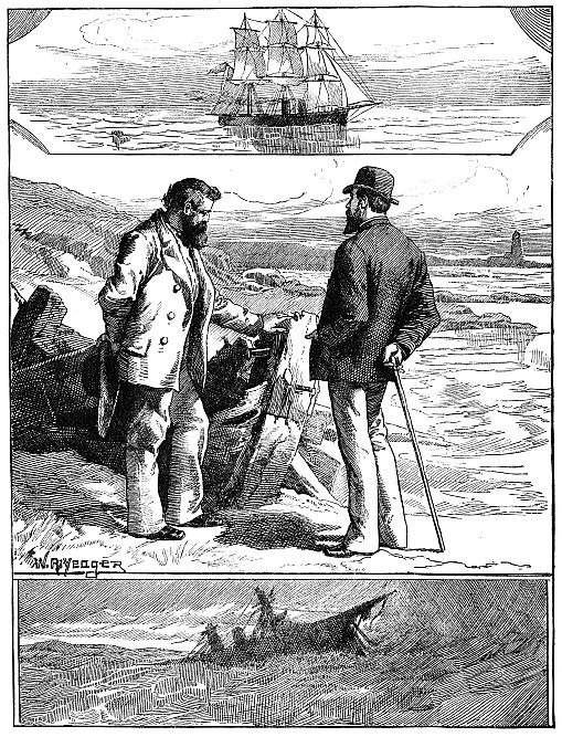 ship in top scene; two men talking on shore in middle scene;shadow of ship in bottom scene