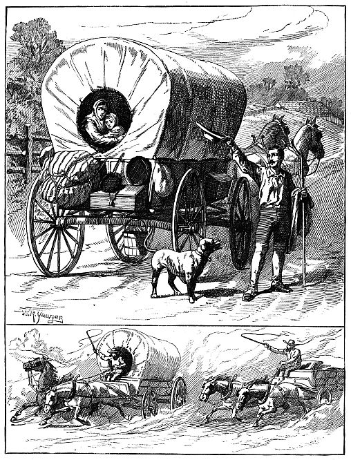 overloaded wagon in top scene, wagon racing in bottom scene
