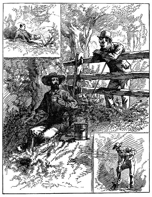 triptych: main: man leaning on fence talking to man sitting on ground with bucket; top inset man sitting on ground; bottom inset: man digging