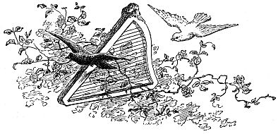 harp in branches with two birds flying by