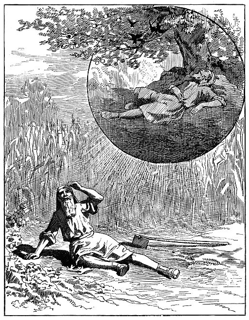 inset dream of sleeping under cool shade of tree; main picture man sitting in sun