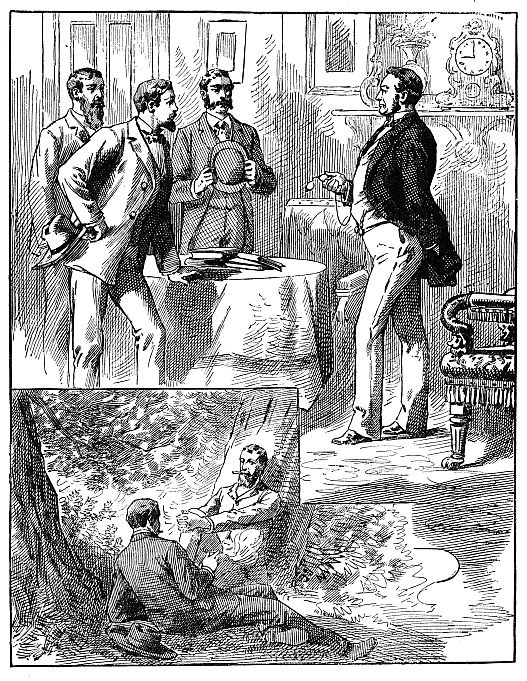 four men talking in room in top scene; two men sitting under trees in bottom scene