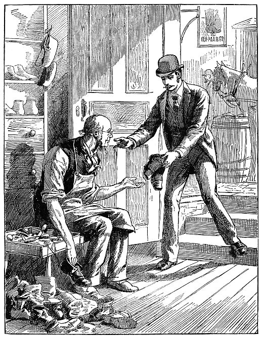 man bringing shoes to cobbler