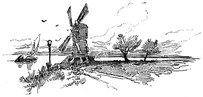 landscape with windmill and birds