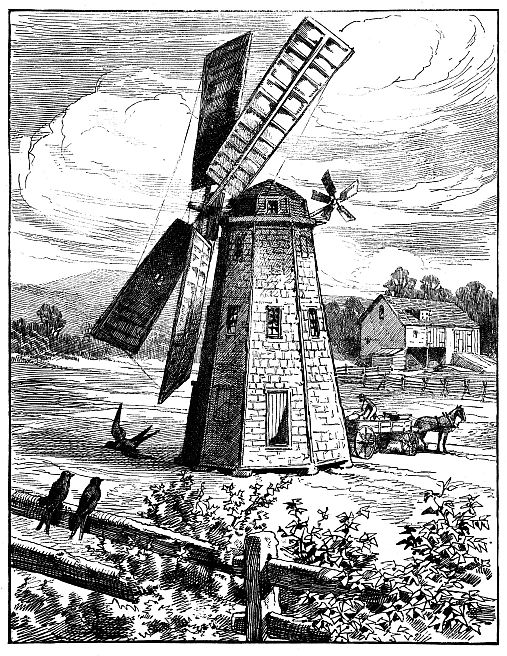 windmill and swallows; horse and cart