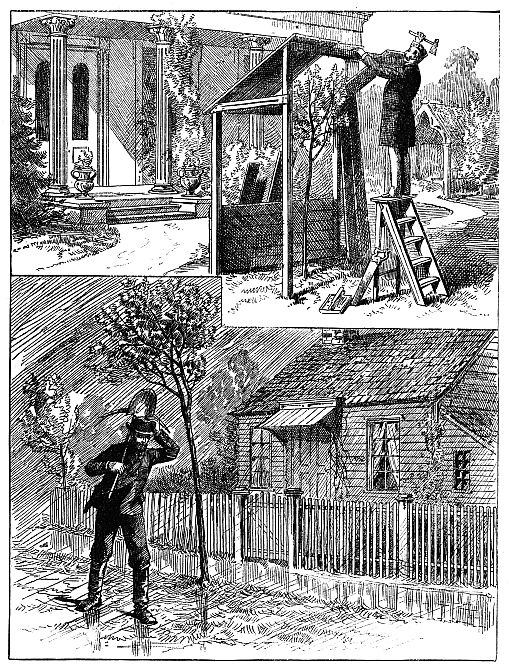 top scene: Rich man building shelter for tree; lower scene: poor man heading off to work in storm