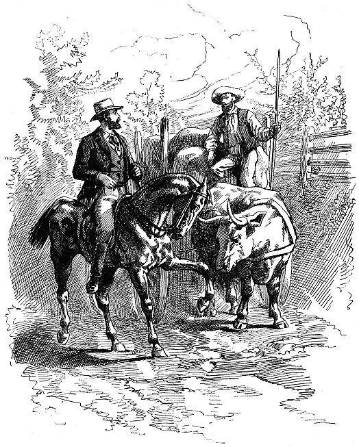 man on horse talking to man in cart behind ox
