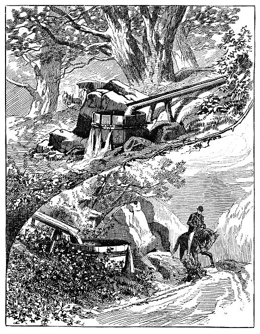 top picture: spring pouring into leaking barrel; bottom picture: man on horse heading toward sound barrel