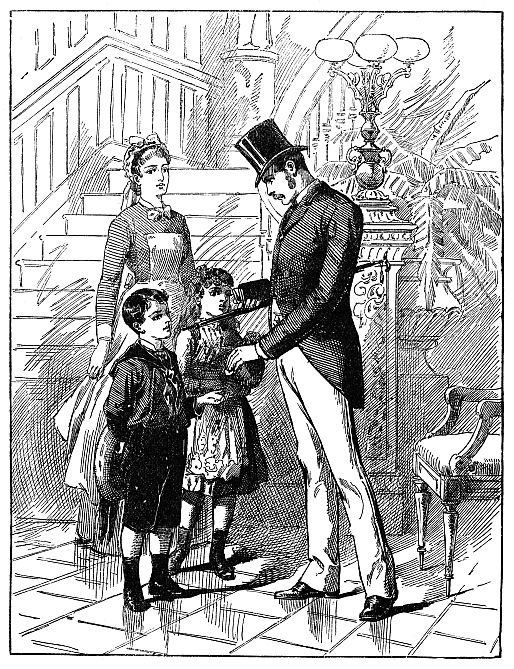 Man in top hat talking to children in foyer; maid or nanny behind them