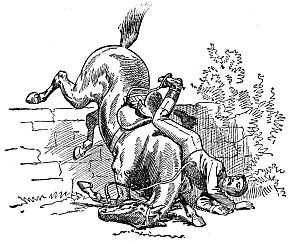 horse falling badly after jumping brick wall with his rider