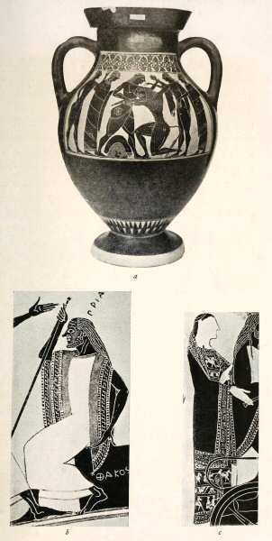 Illustration: (a) Vase—British Museum. (b and c)
            Vase-paintings by Klitias and Ergotimos, Florence