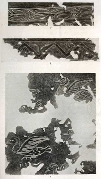 Illustration: (a and b) Fragments of a Sarcophagus Cover from
            Kertch. (c) Embroidered Fragment from Kertch.