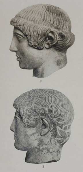 Illustration: (a) Head of Apollo from the Temple of
            Zeus, at Olympia. (b) Head of an Athlete—Athens Acropolis
            Museum.