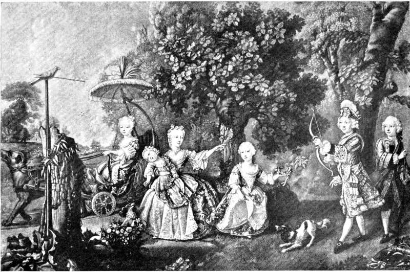 The elder children of Frederick and Augusta, Prince and Princess of Wales, playing at Kew Gardens.
