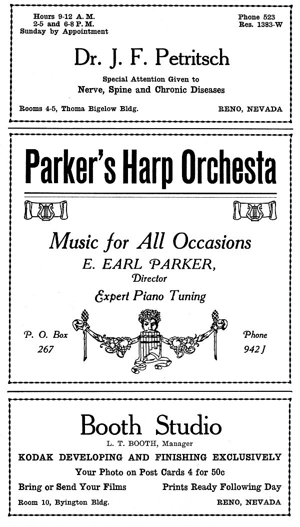 Dr. Petritsch's,  Parker’s Harp Orchestra and Booth Studio's ads