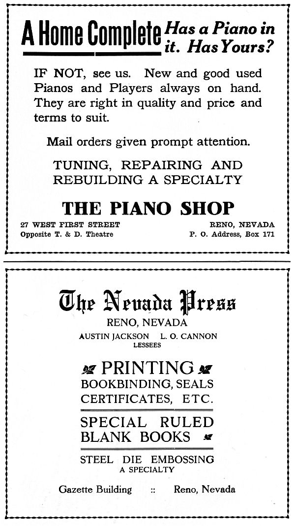 The Piano Shop and The Nevada Press ads