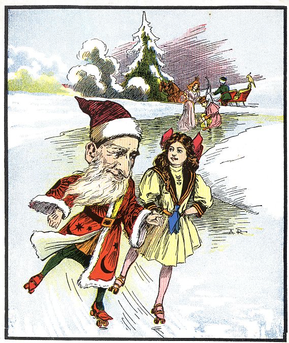 Santa Claus with enormous head skating with girl