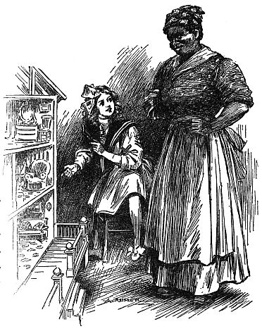 Girl showing dollhouse to maid