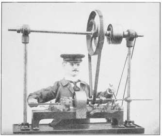 BANGERTER’S AUTOMATIC JEWELER.

This Automatic Jeweler Making Collar Buttons at the Belgian World
Exposition, 1905, Often Mistaken for a Living Man. Thousands of
Collar Buttons of His Make Were Sold Within the Exposition Grounds.