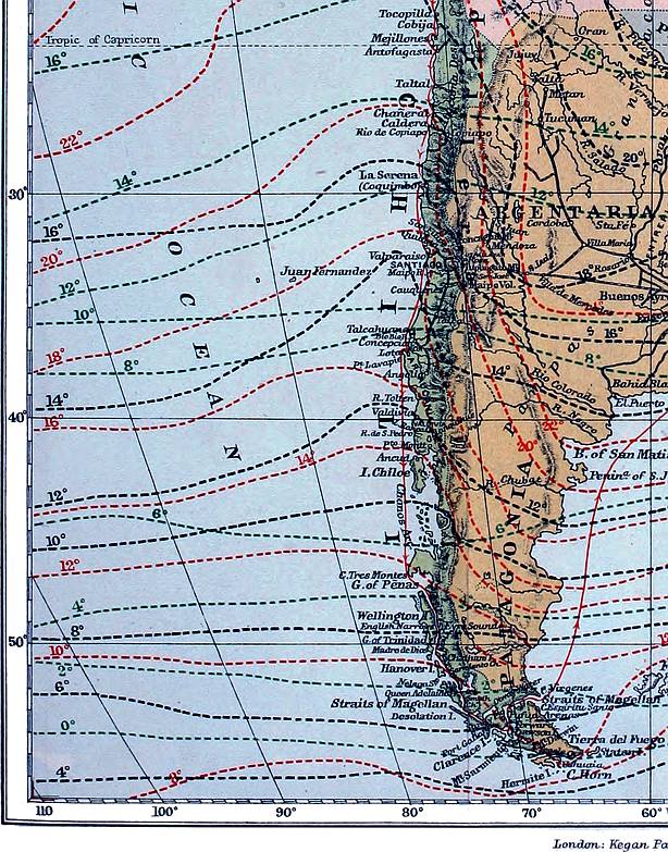Map of South America: Lower-left quadrant