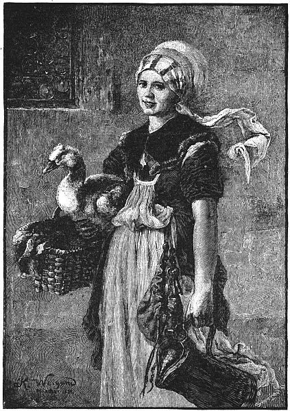 a woman carrying baskets and a bird