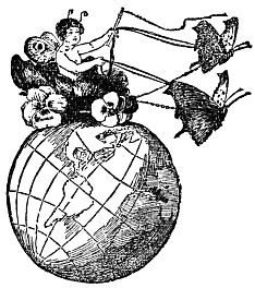 fairy in chariot on globe; charriot pulled by butterflies