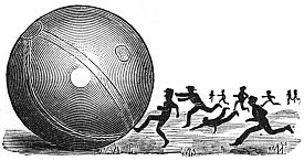 large ball being chased by tiny men