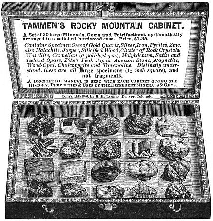 Box of Rocks TAMMEN’S ROCKY MOUNTAIN CABINET A set of 20 large Minerals, Gems and Petrifactions, systematically
arranged in a polished hardwood case.  Price, $1.35. Contains Specimen Ores of Gold Quartz, Silver, Iron, Pyrites, Zinc,
also Malachite, Jasper, Silicified Wood, Cluster of Rock Crystals,
Wavellite, Carnelian (a polished gem), Molybdenum, Satin and
Iceland Spars, Pike’s Peak Topaz, Amazon Stone, Magnetite,
Wood-Opal, Chalcopyrite and Tourmoline. Distinctly understand
these are all large specimens (1¼ inch square), and
not fragments. A Descriptive Manual is sent with each Cabinet giving the
History, Properties & Uses of the Different Minerals & Gems. Copyright, 1886, by H. H. Tammen, Denver, Colorado.