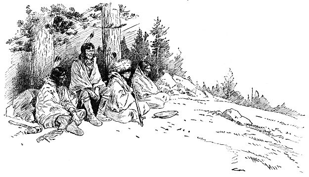 Indians sitting by edge of forest