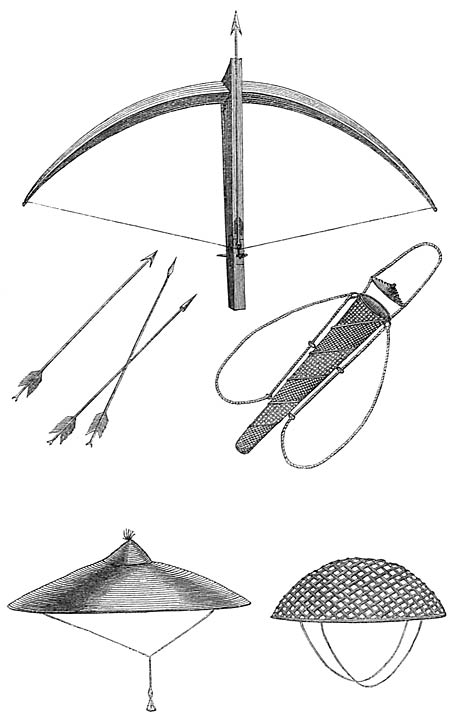 SINGPHOO HAT, HELMET, CROSS-BOW, QUIVER, AND ARROWS.