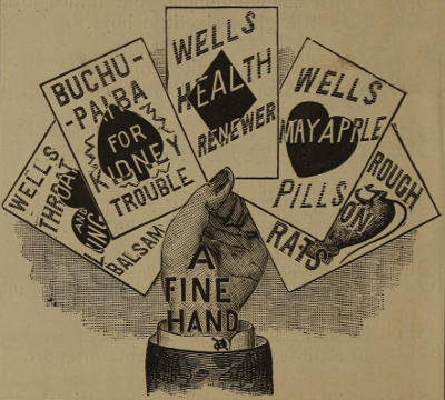 Hand holding playing cards
marked WELLS THROAT AND LUNG BALSAM, BUCHU-PAIBA FOR KIDNEY TROUBLE, WELLS
HEALTH RENEWER, WELLS MAY APPLE PILLS, ROUGH ON RATS. Advert text: A FINE HAND.