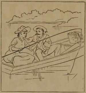A lady and gentleman fishing from a punt