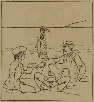 On the beach. A lady reading from the Seaside Sibyl to her two male companions.