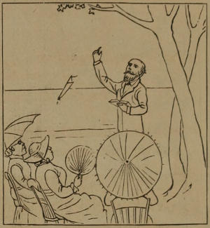 A bearded gentleman, under a tree, lecturing a group of seated ladies with parasols.