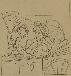 Two well-dressed ladies with parasols, riding in a carriage