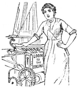 A woman with a loom: DIRECT FROM THE LOOM TO THE CONSUMER