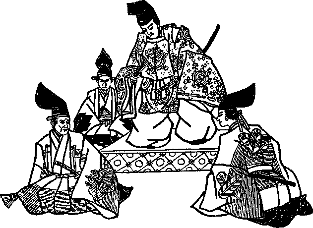 Illustration: Feudal Lord on dais surrounded by three kneeling people